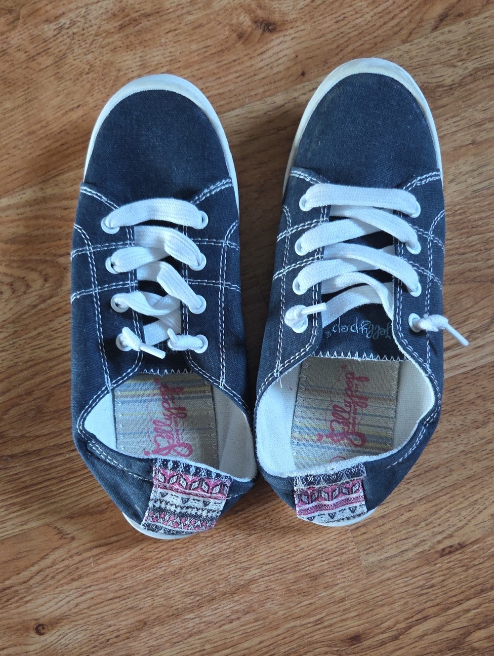 Jellypop Navy and White Canvas Sneakers with Patterned Heels Slip On